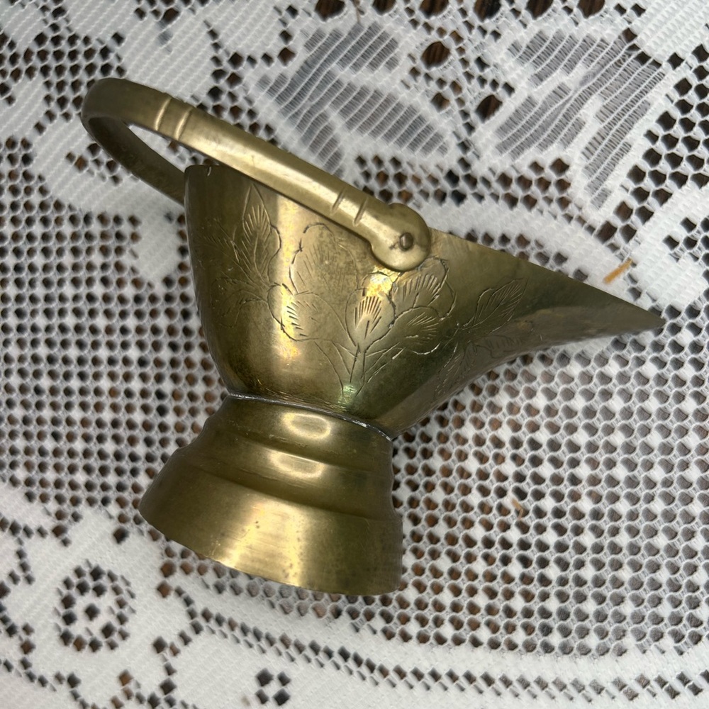 Vintage Brass Miniature Scuttle Bucket Trinket with Etched Floral Design